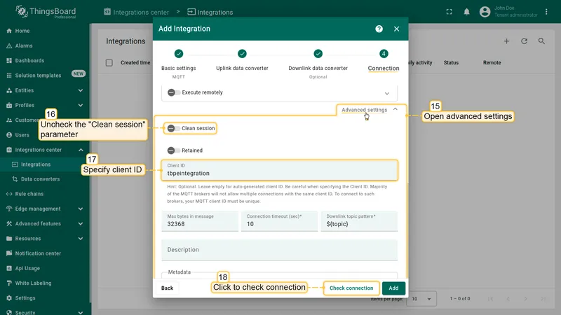 Advanced settings — uncheck Clean session and set Client ID