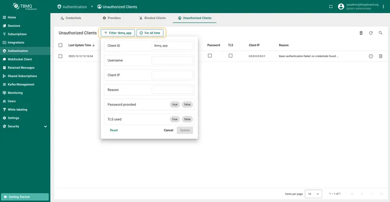 Filter window for the Unauthorized Clients table