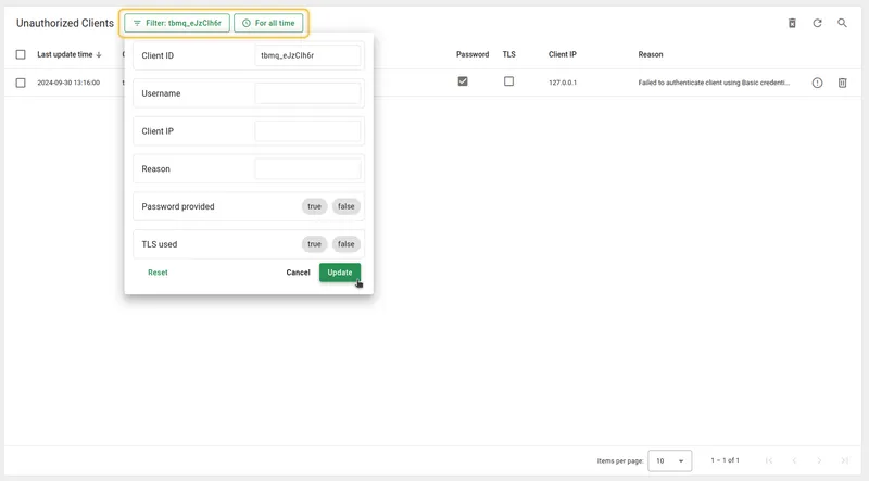 Filter window for the Unauthorized Clients table