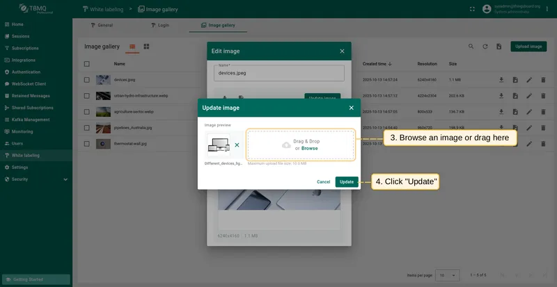 Select or drag a new image and click Update
