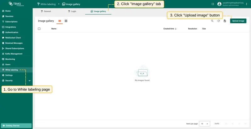 Open White labeling Image gallery tab and click Upload image