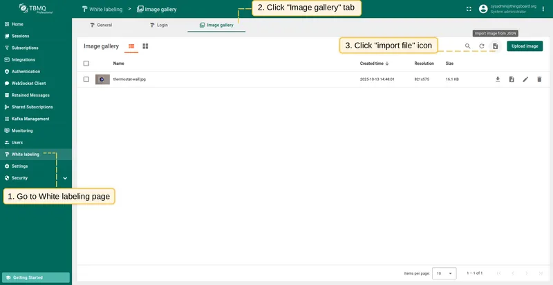 Open White labeling Image gallery tab and click Import image icon