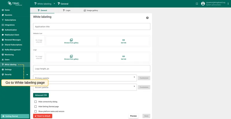 White labeling page with default settings