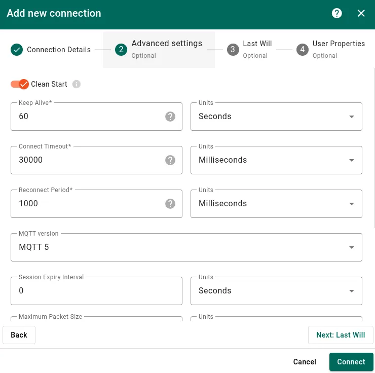 Advanced connection settings