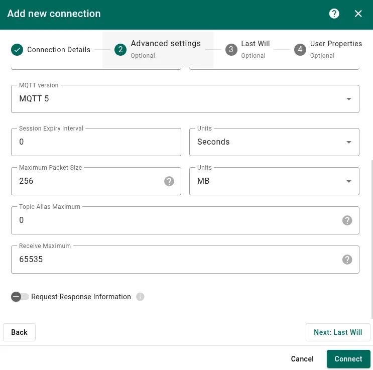 Advanced settings available for MQTT 5