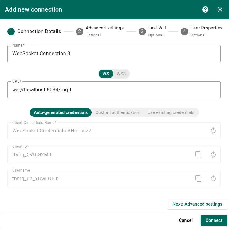 Connection details — auto-generated credentials