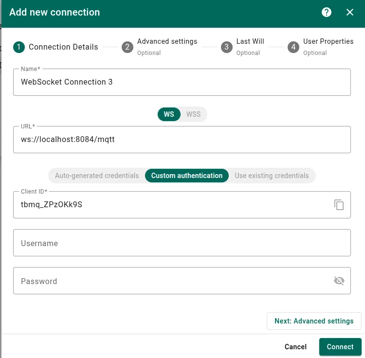 Connection details — custom Client ID, Username, Password