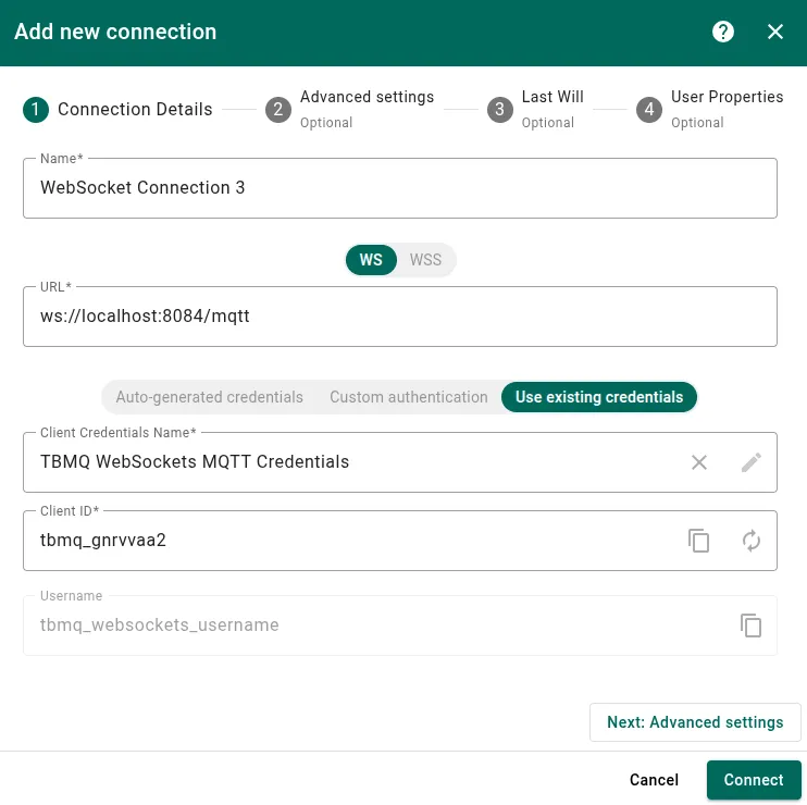 Connection details — use existing credentials
