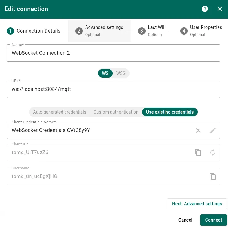 Make changes and click Connect to save