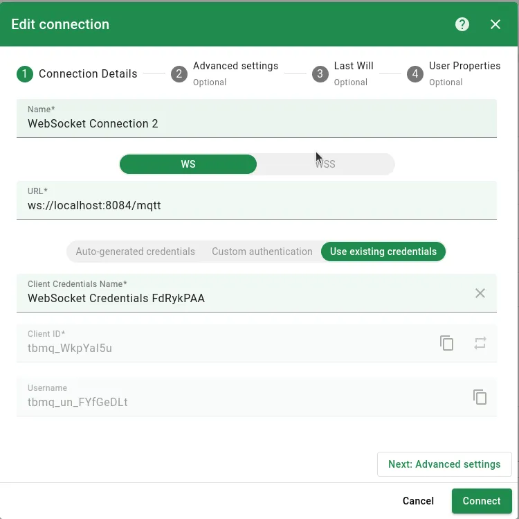 Make changes and click Connect to save