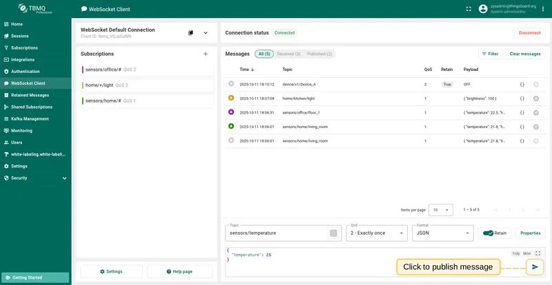 WebSocket Client publish message interface