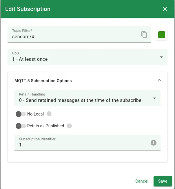 Subscription settings with MQTT 5 options