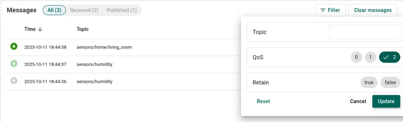 Messages table filter options