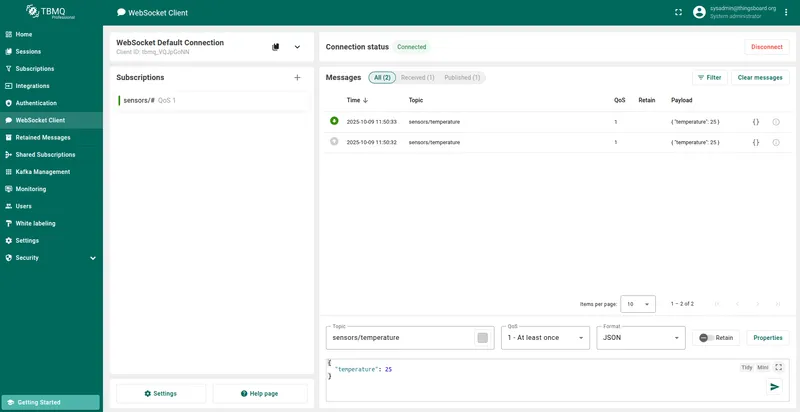 WebSocket client in TBMQ showing the received message