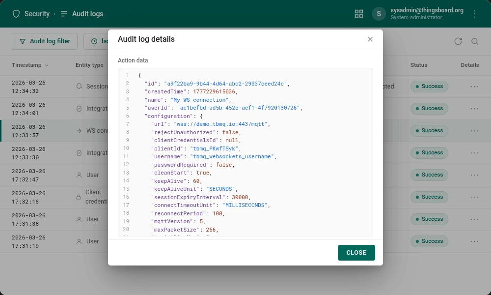 TBMQ PE audit logs page with an entry details panel showing the JSON action_data payload