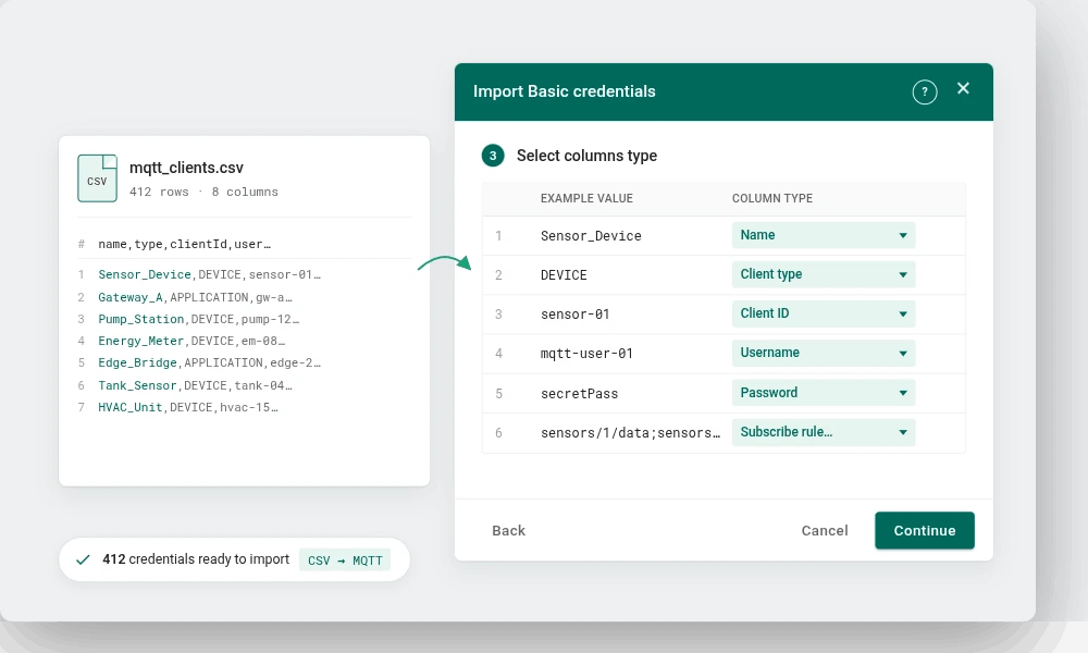 TBMQ MQTT client credentials bulk import: CSV upload, column mapping, and results summary