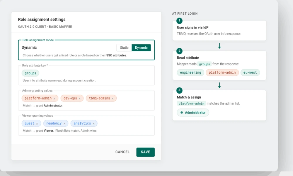 TBMQ PE OAuth 2.0 Basic mapper mapping IdP attribute values to Administrator and Viewer roles